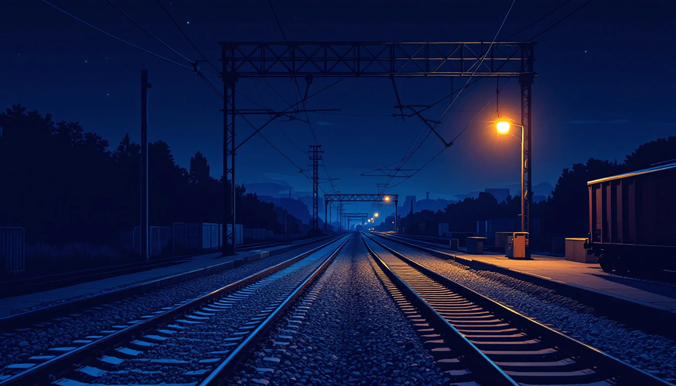 A night railway junction where one track runs on into the distance while a lone freight car sits parked on a siding under an amber lamp.