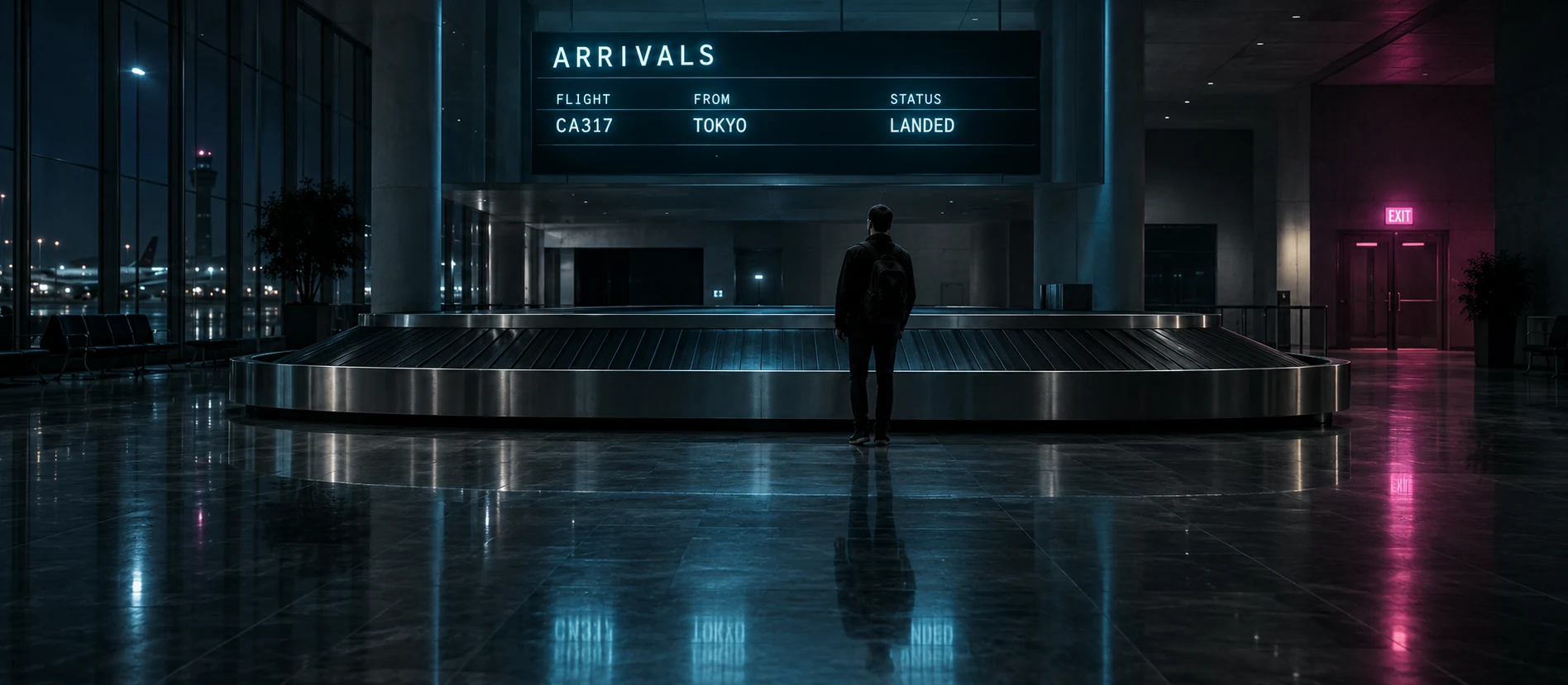 A traveler waits alone at an empty, turning baggage carousel in a dark airport hall while the arrivals board above marks the flight as landed.