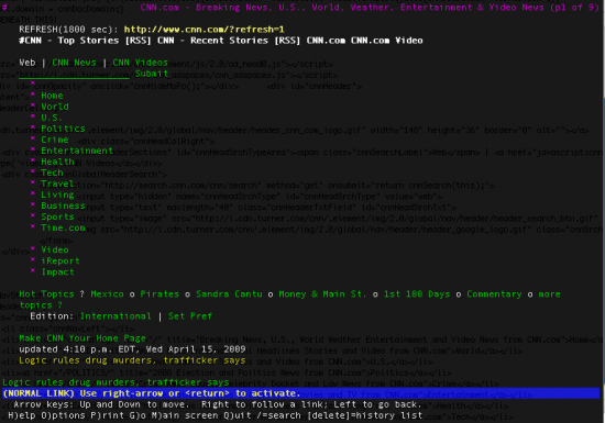The CNN.com homepage viewed using the lynx browser