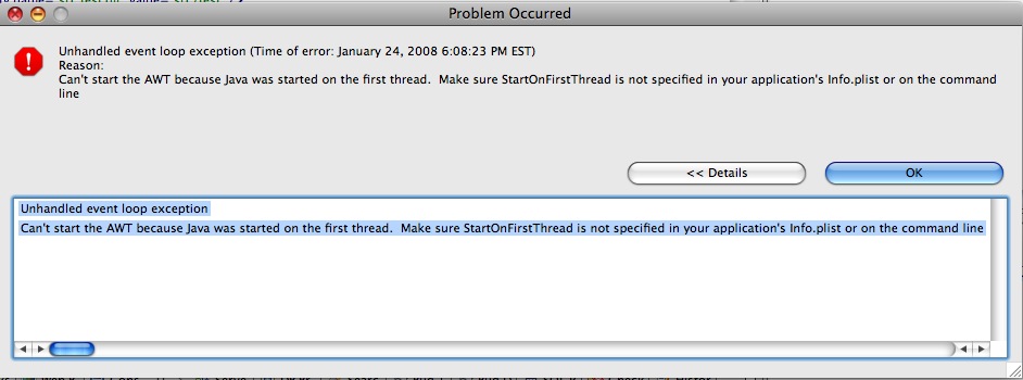 StartOnFirstThread Error Message